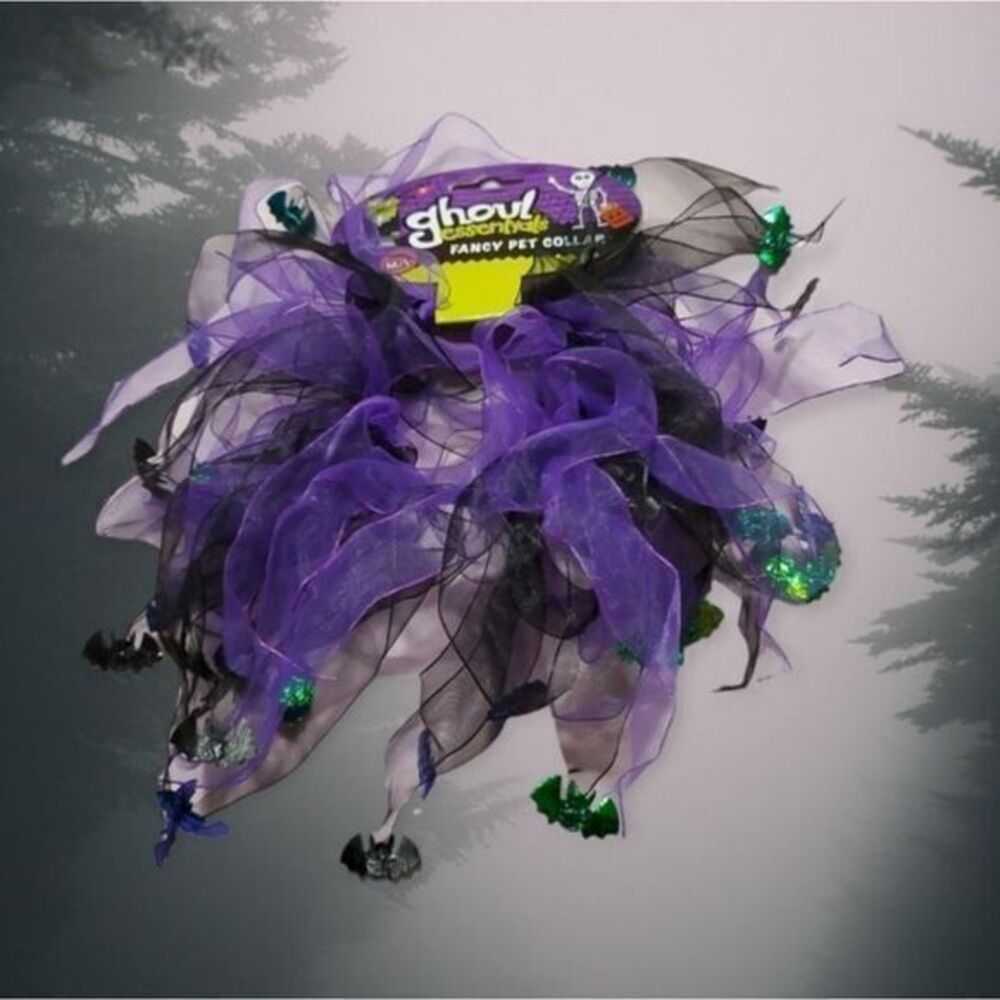 Ghoul Essentials Fancy Pet Collar Halloween Bat Tulle Purple Black Green M/L NEW